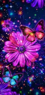 Vibrant butterflies and flowers against a starry backdrop.