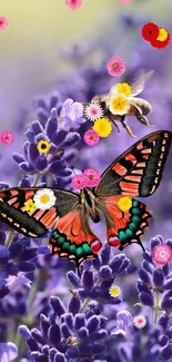 Colorful butterfly on purple flowers with vibrant blossoms.