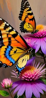 Colorful butterfly on purple flowers, vibrant nature wallpaper.