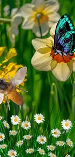 Colorful butterfly and spring flowers on lush green grass background.