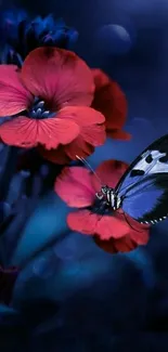 A butterfly perched on red flowers with a blue background.