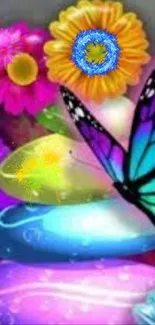 Colorful butterfly amidst vibrant flowers wallpaper.