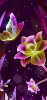 Colorful butterfly and flowers on dark purple background wallpaper.