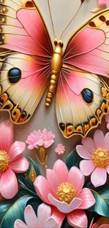 Colorful butterfly and flowers in vibrant artwork.