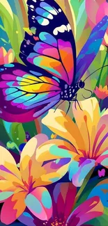 Colorful butterfly on vibrant flowers wallpaper.