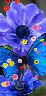 Vibrant blue butterfly with purple flowers on mobile wallpaper.