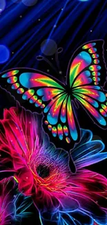 Neon butterfly and vibrant flowers on black background.