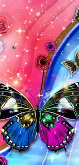 Colorful wallpaper with butterfly and floral patterns.