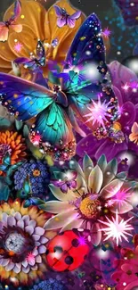 Colorful butterfly and flower mobile wallpaper with sparkling effects.