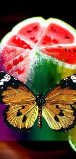 Bright butterfly on watermelon slice with colorful background.