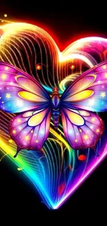 Colorful butterfly on heart background.