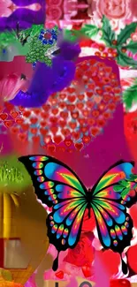 Vibrant butterfly on colorful heart and floral background.