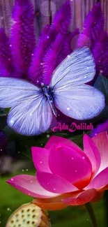 Butterfly rests on pink lotus amid purple flowers and wooden backdrop.