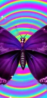 Purple butterfly on neon swirl background wallpaper.