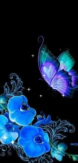 Vibrant blue butterfly and orchids on a black background.