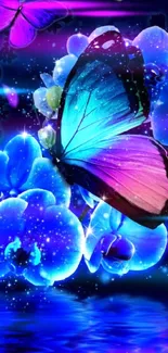 Vibrant butterfly and blue orchids wallpaper.