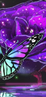 Colorful butterfly and neon purple rose on a starry background.