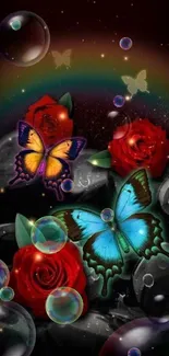 Colorful butterflies and red roses on dark background.