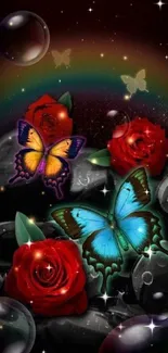 Vibrant butterflies and roses with bubbles on a dark background wallpaper.