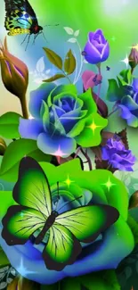 Vibrant green and blue roses with butterflies mobile wallpaper.