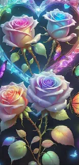 Colorful roses and butterflies with heart aura.