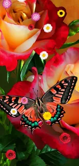 Butterfly resting on vibrant roses with rich colors in a nature-inspired design.