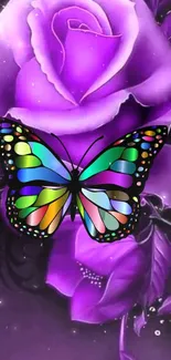 Vibrant butterfly on a purple rose, artistic mobile wallpaper.