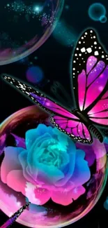 Vibrant butterfly on cosmic rose wallpaper.