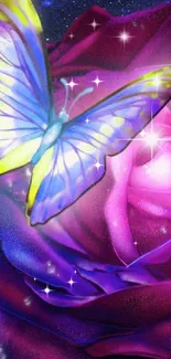 Butterfly resting on a luminous purple rose in a starry cosmic background.