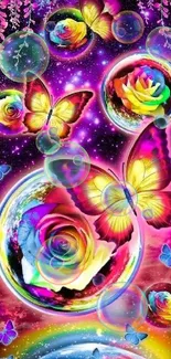 Vibrant cosmic scene with butterflies and roses.