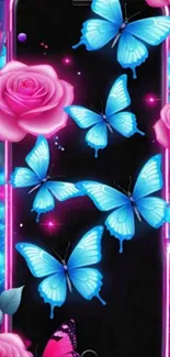 Blue butterflies and pink roses on vibrant wallpaper.