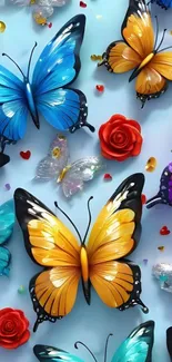 Colorful butterfly and rose wallpaper with blue and orange hues.