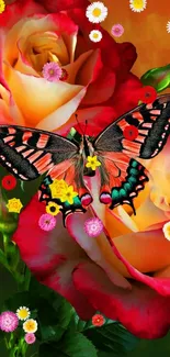 Vibrant butterfly perched on colorful roses with green leaves.