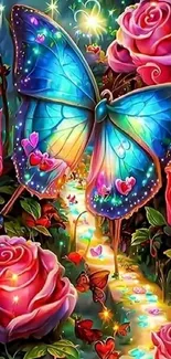 Vibrant butterfly amidst glowing roses and fantasy elements.