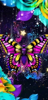 Vibrant butterfly with colorful roses and stars.