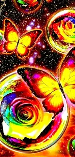 Vibrant cosmic wallpaper with butterflies and rainbow roses.