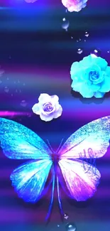 Vibrant wallpaper featuring blue butterfly with roses.