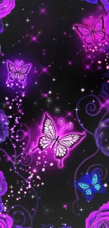 Purple butterflies and roses wallpaper with a vibrant, mystical design.