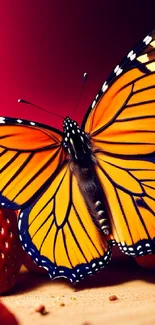 Orange butterfly perches on strawberries with a rich red background.