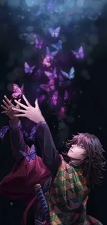 Anime character surrounded by colorful butterflies in a mystical setting.