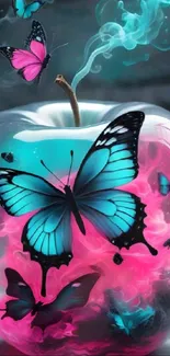 Colorful butterflies emerging from a glowing apple.