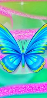 Vibrant blue butterfly on a colorful background.