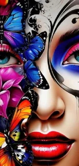 Vibrant face with butterfly and flower art design.