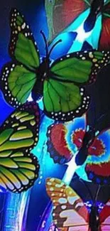 Vibrant green and red butterflies glowing against a neon blue background.