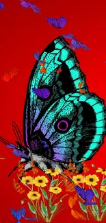 Vibrant butterfly with flowers on red background wallpaper.