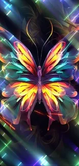 Vibrant butterfly with neon colors and dark background.