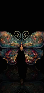 Vibrant butterfly art with colorful patterns on black background.