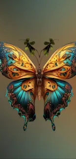 Vibrant butterfly with teal and orange wings, set on a gradient background.