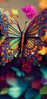 Colorful butterfly with floral elements in a vibrant mobile wallpaper.