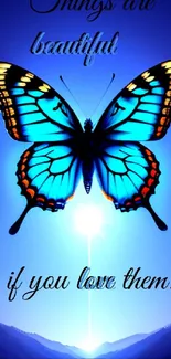 Vibrant butterfly with quote on blue background.